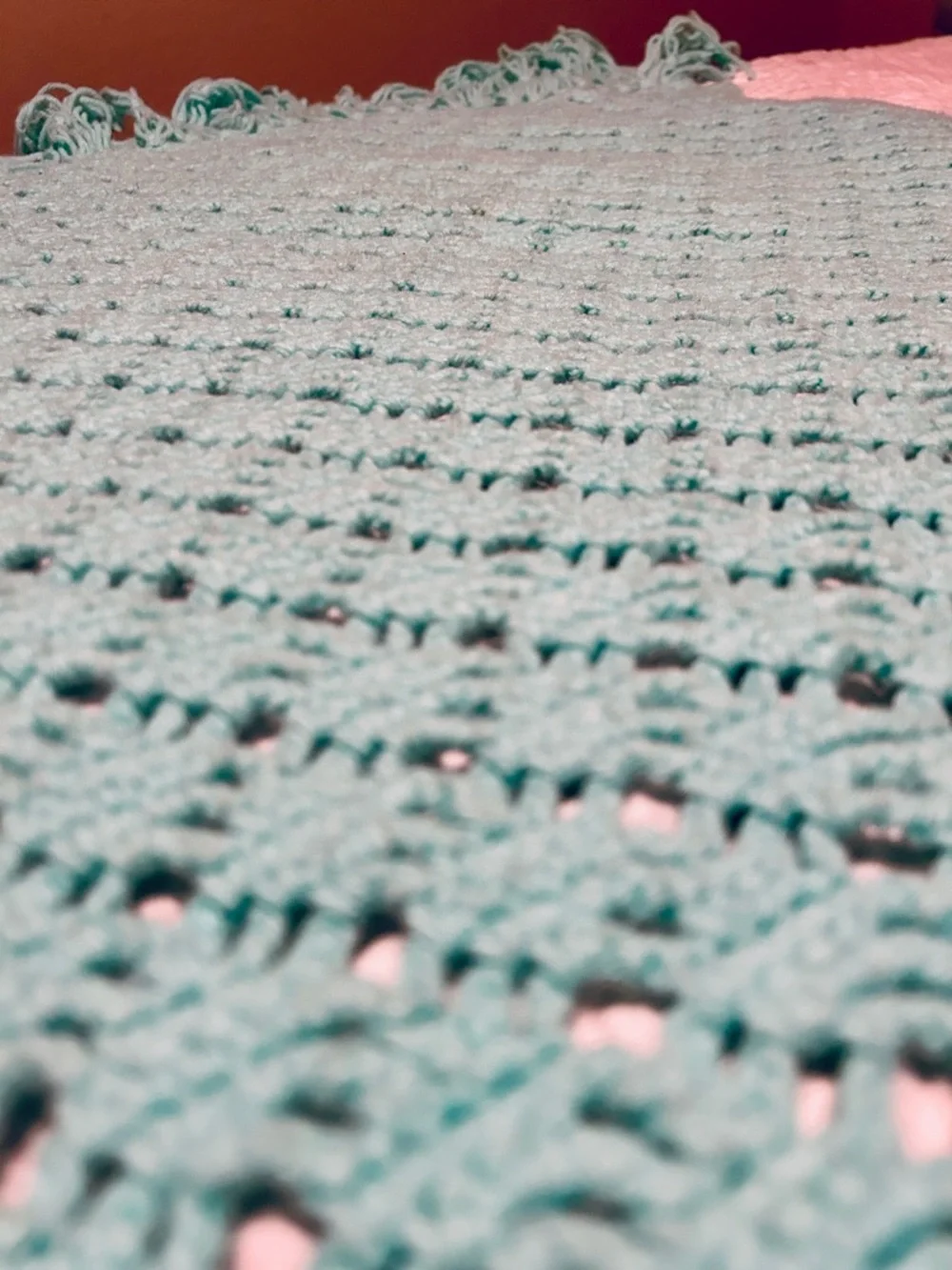 Handmade Teal Crochet Throw Blanket Afghan with Fringe
